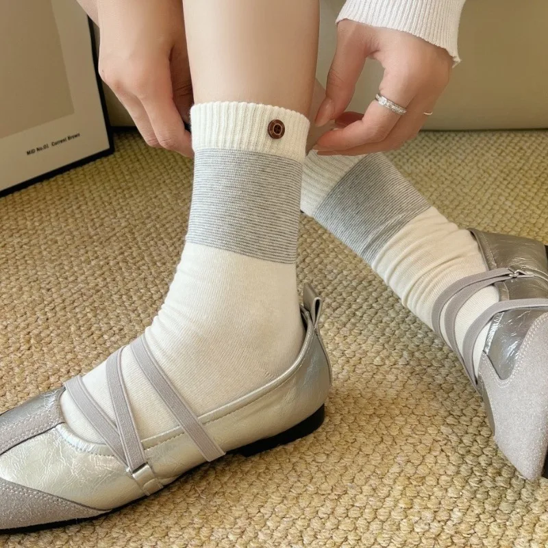 Korean Style Button Slouch Socks Mid-Calf Pure Cotton Striped Crew Socks Preppy Campus Long Socks for Women Girls Autumn Winter