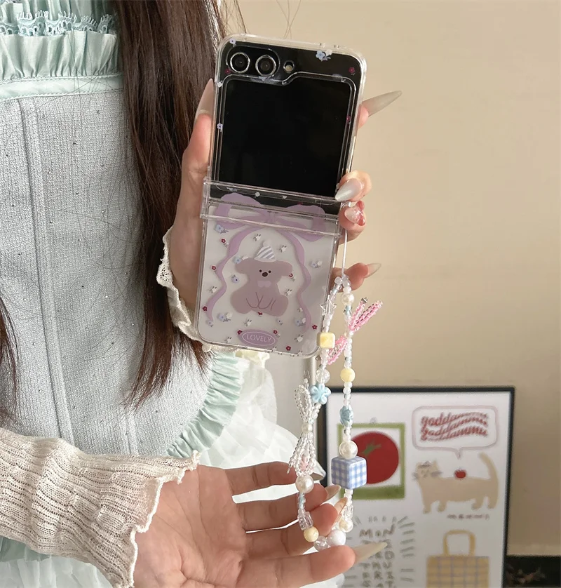Для Samsung Galaxy Z Flip 7 FE 3 4 5 6, чехол с мультяшным бантом и медведем, браслет, шарнир, противоударный чехол для Samsung Z Flip7