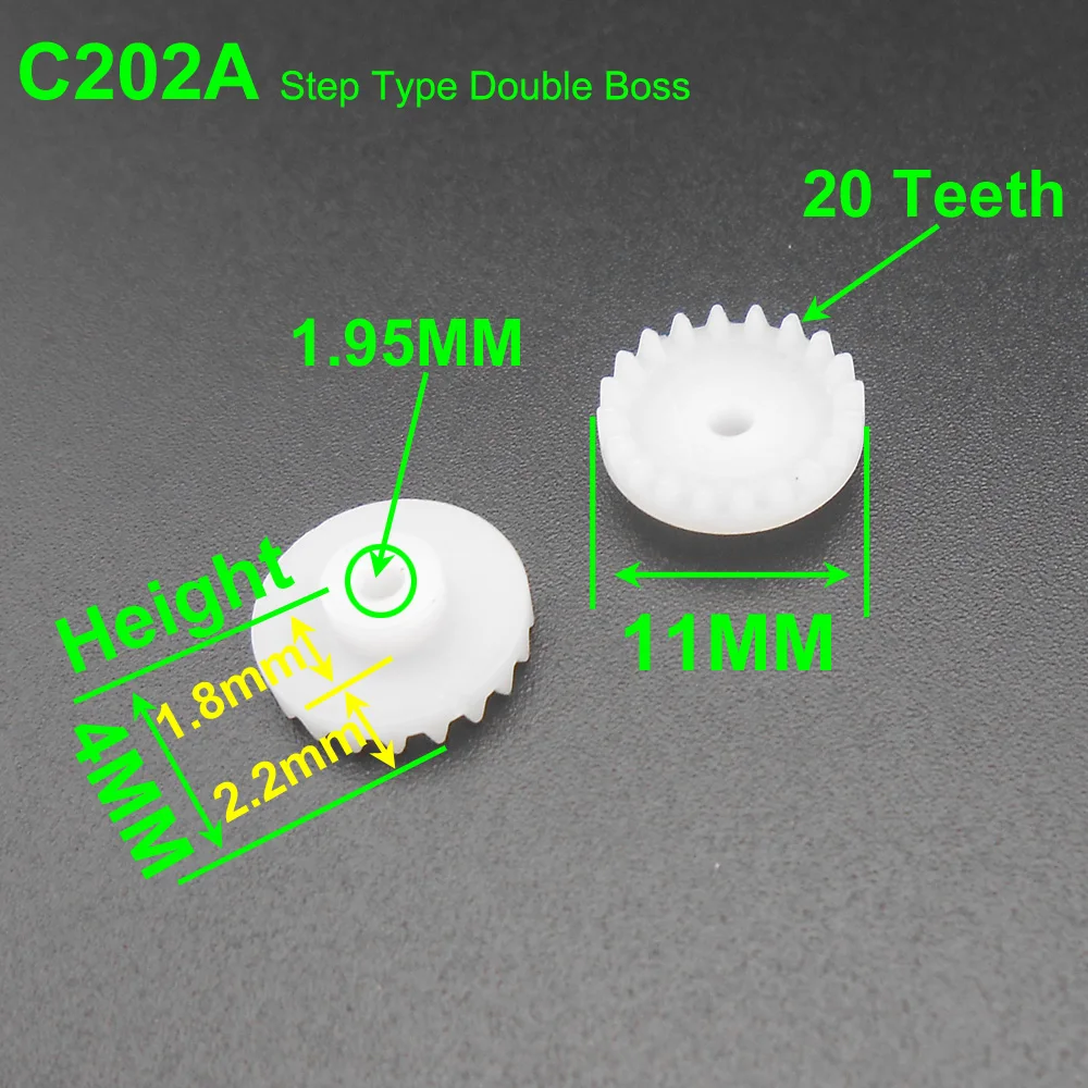 2 Kinds 0.5M 20T Plastic Crown Gear C202A Step Type Double Boss C202AF Straight Full Tooth 11mm 1.95mm Bore Tight Fit 2mm Shaft