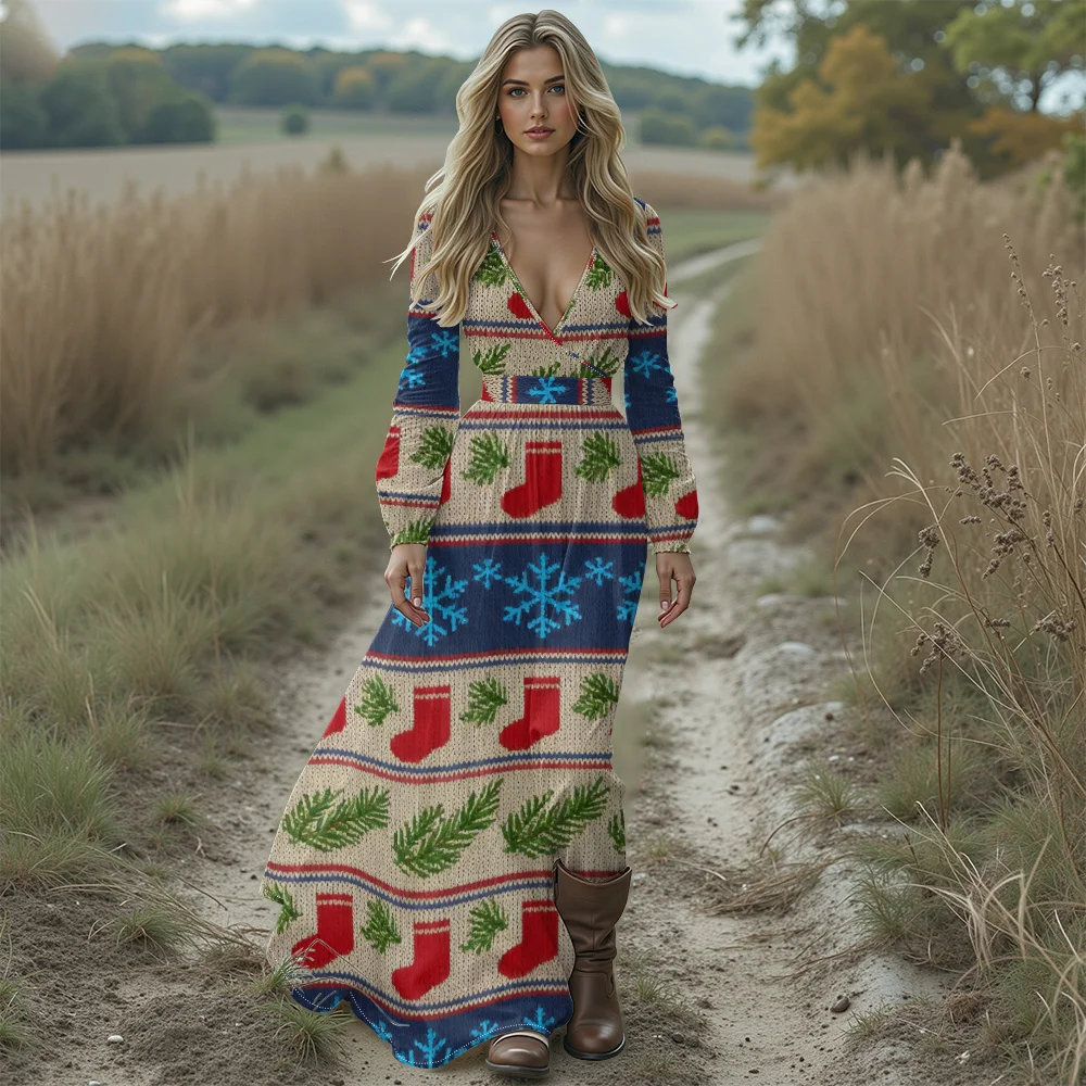 فستان نسائي وردي مطبوع عليه حيوان الرنة وندفة الثلج فستان عيد الميلاد القبيح أنيق ومثير عميق على شكل حرف v فستان ماكسي بوهو لحفلات العطلات #4