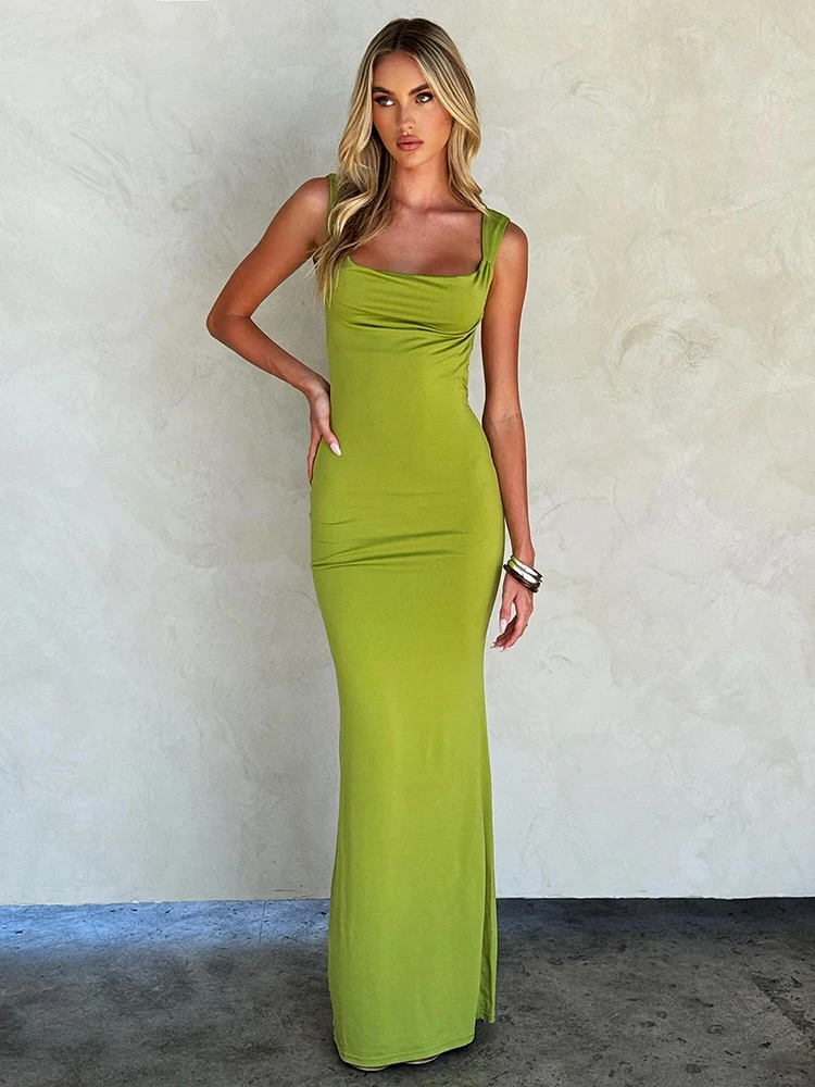 Mozision Double Shoulder Straps Backless Sexy Maxi Dress For Women Summer New Square Collar Sleeveless Bodycon Long Dress