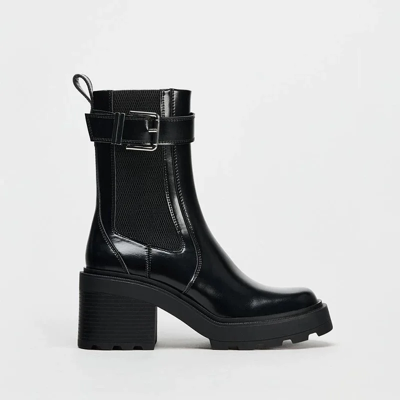 

Женские осенне-зимние новые стильные ботинки челси, увеличивающие рост, ботинки на платформе с круглым носком, ботинки из натуральной кожи на толстом каблуке