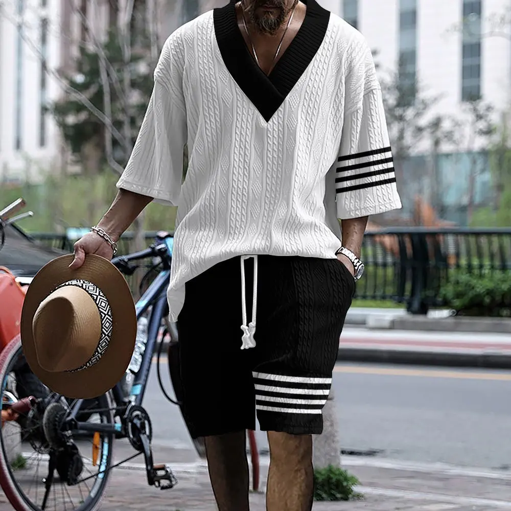 

2024 Summer New Men's Suit Japanese And Korean Style Stripes Color Matching Loose Large Size Casual Men's Clothing Two-piece Set