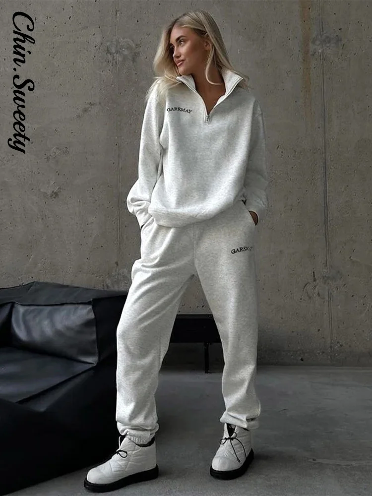 Chándal de mujer a la moda con cremallera de algodón de gran tamaño blanco Casual pantalón deportivo clásico trajes 2025 Primavera Verano conjunto de 2 piezas para mujer