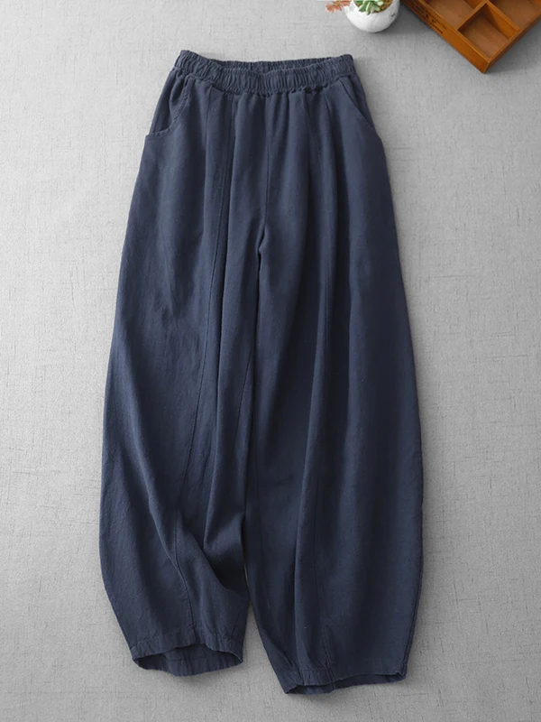 Artistieke pure kleur zand wa katoen linnen wijde pijpen lantaarnbroek plus maat dames losse taille casual afslankende lange broek