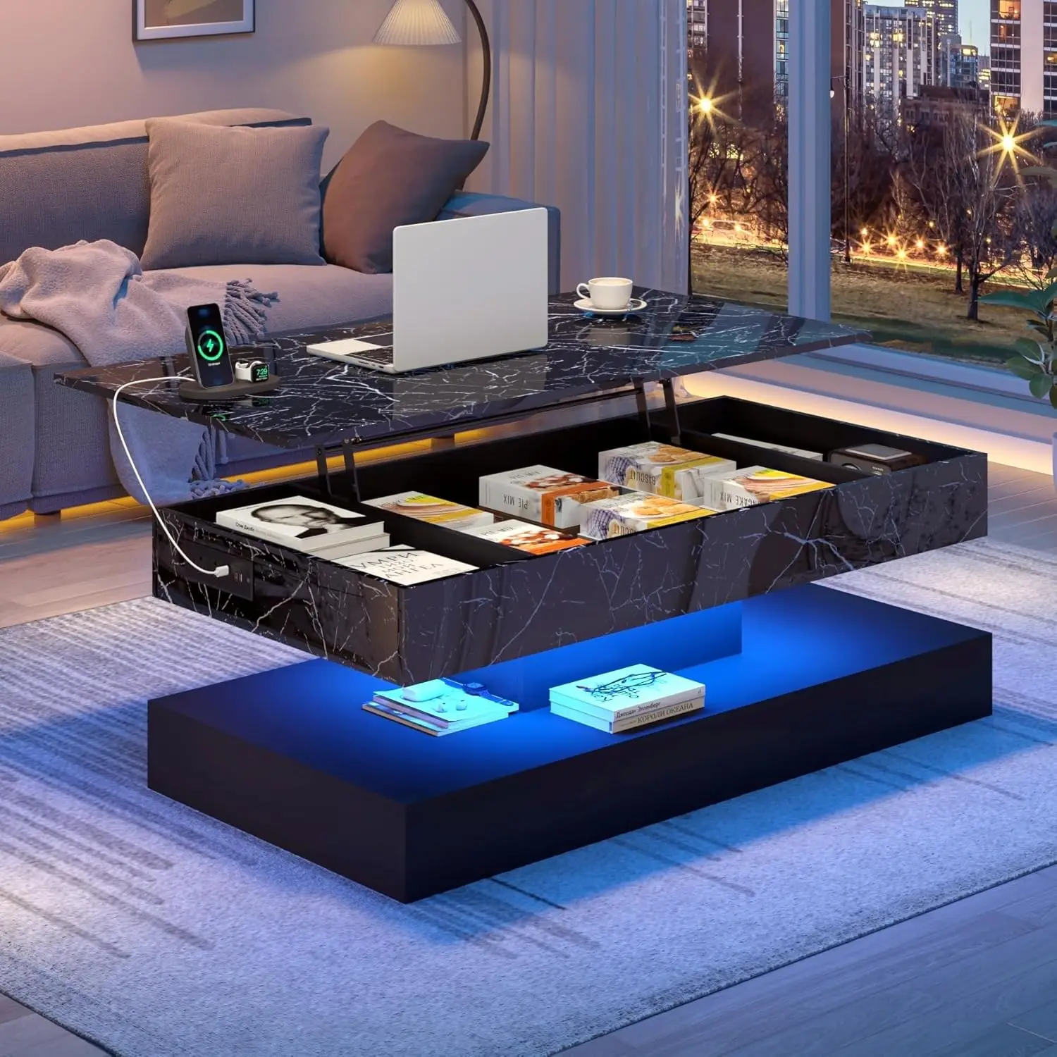

47.2" Lift Top Coffee Table LED High Gloss Charging Station Hidden Storage Living Room Home Office Black,Customized