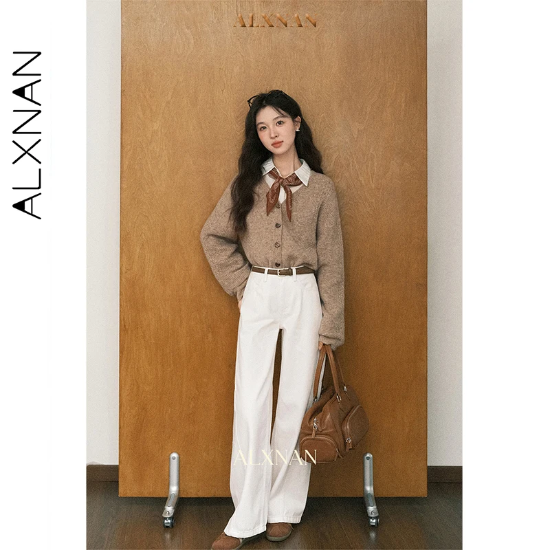Alxnan jeans feminino branco de cintura alta perna larga em linha reta algodão 100% jeans outono casual senhora do escritório calças largas l569165
