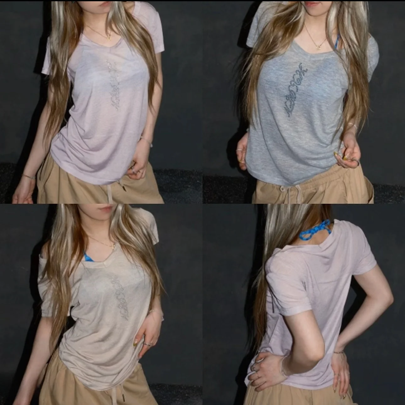 American Retro Rhinestone V-Neck Short Sleeve Loose Soft Breathable Women's T-Shirt Jazz Atmosphere Semi-Transparent Base Shirt