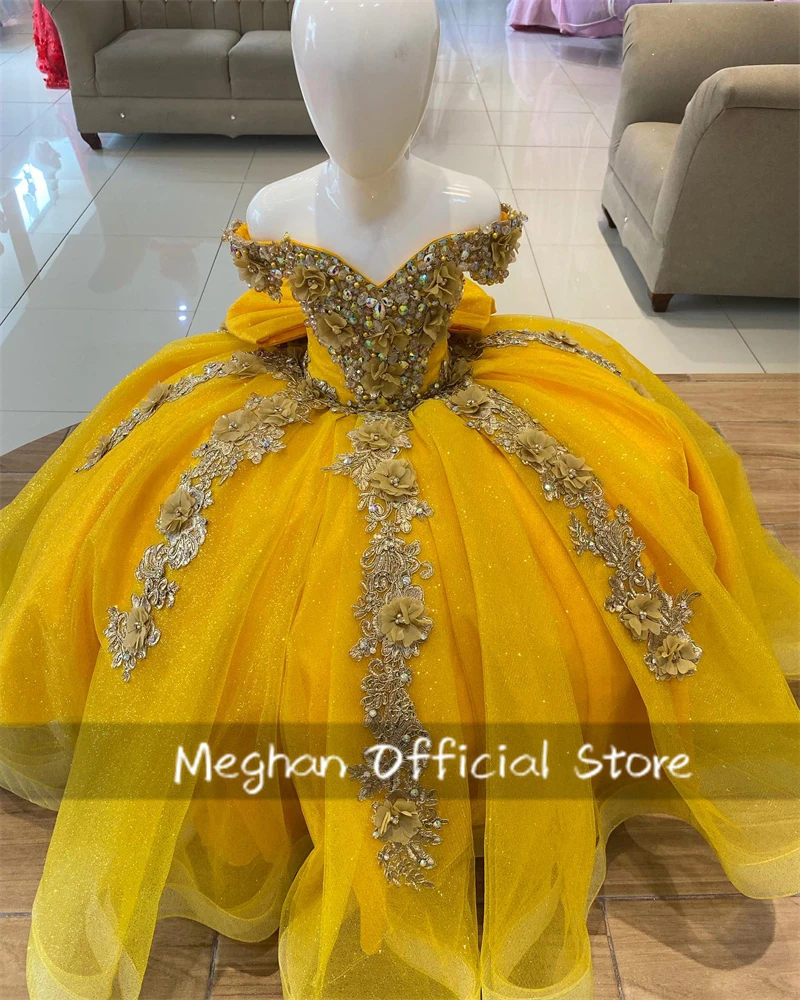 Vestido de baile dorado con hombros descubiertos para niña, vestidos de flores para boda, lazo para niños, apliques de cuentas, vestido de desfile, cumpleaños de princesa