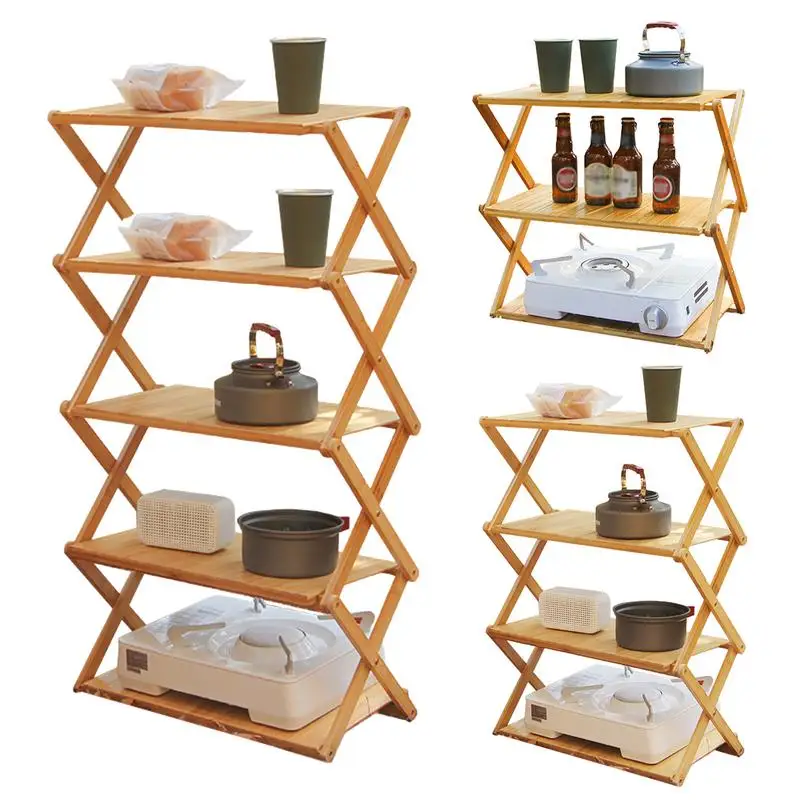 3/4/5 Layers Outdoor Camping Storage Rack Portable Folding Storage Shelf For Camping Equipment Multipurpose Wooden Foldable Rack