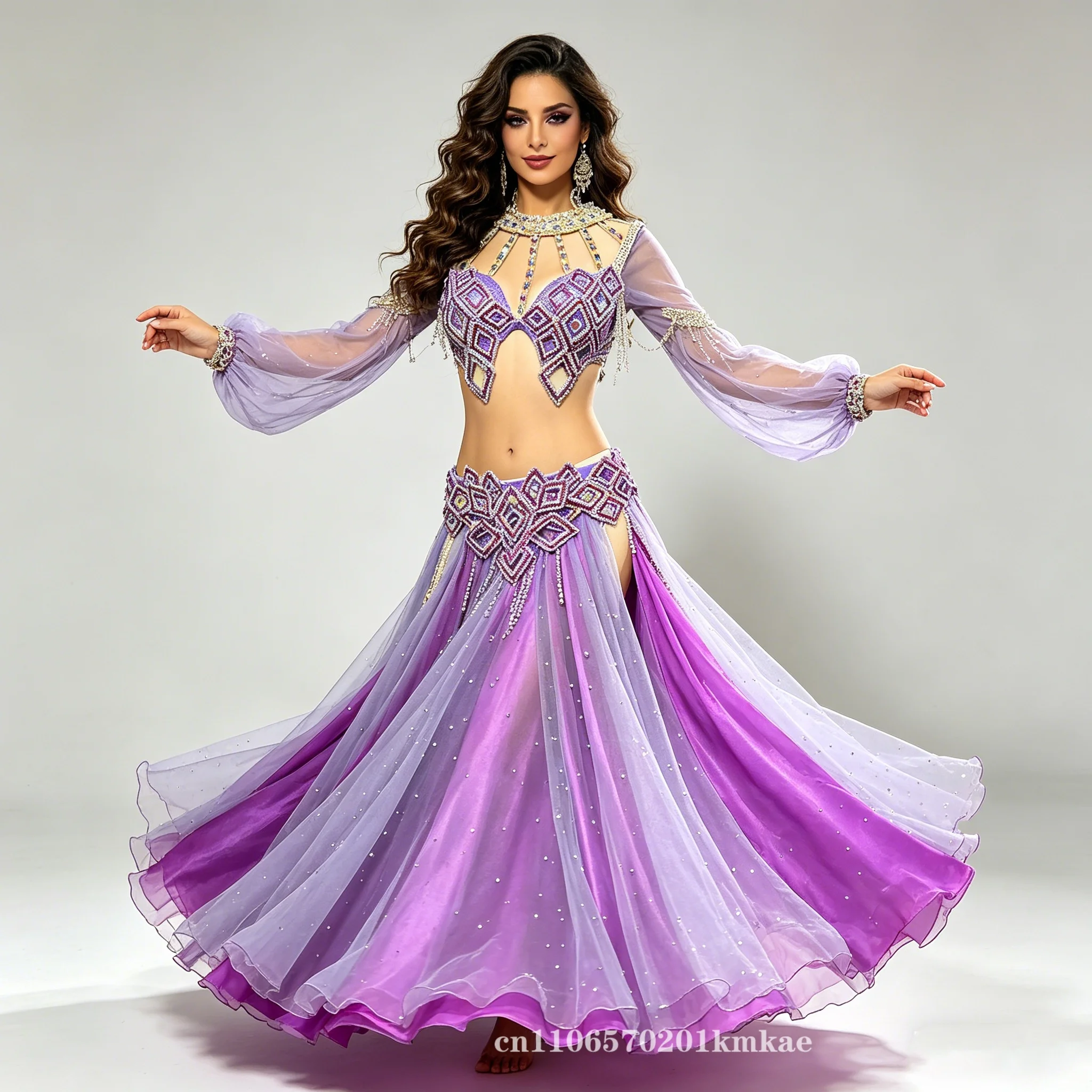 

Purple Belly Dance Costume Set, Rhinestone Beaded Bra Top With Flowy Skirt, Oriental Dance Stage Performance Outfit For Women