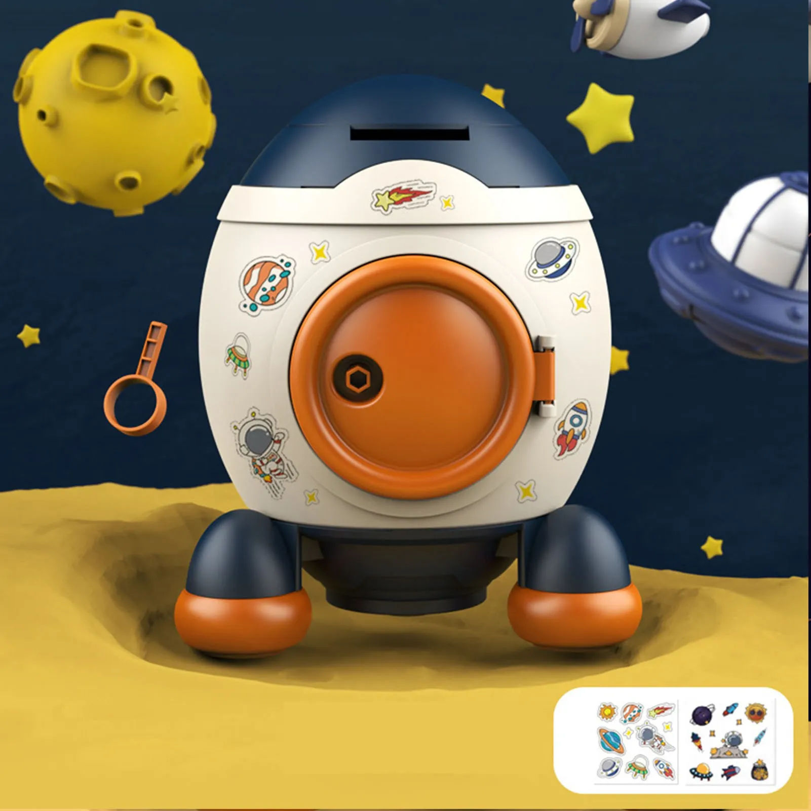 ZK30 Cartoon Style Space Rocket Piggy Bank Money Bank Money Saving Jar Boys Girls Gift Morandi Blue