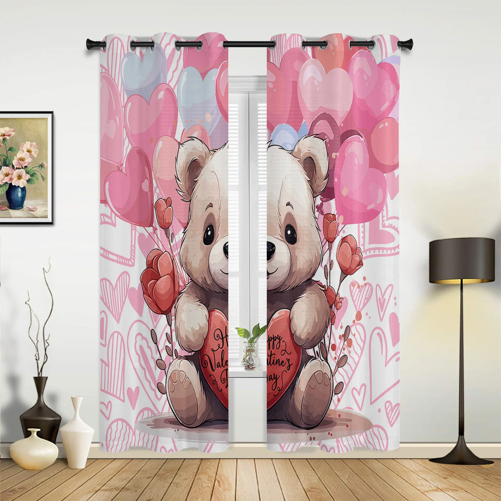 Valentine'S Day Balloon Love Doll Bear Window Curtains Living Room Bedroom Screens Modern Luxury Home Decor Valance Drapes