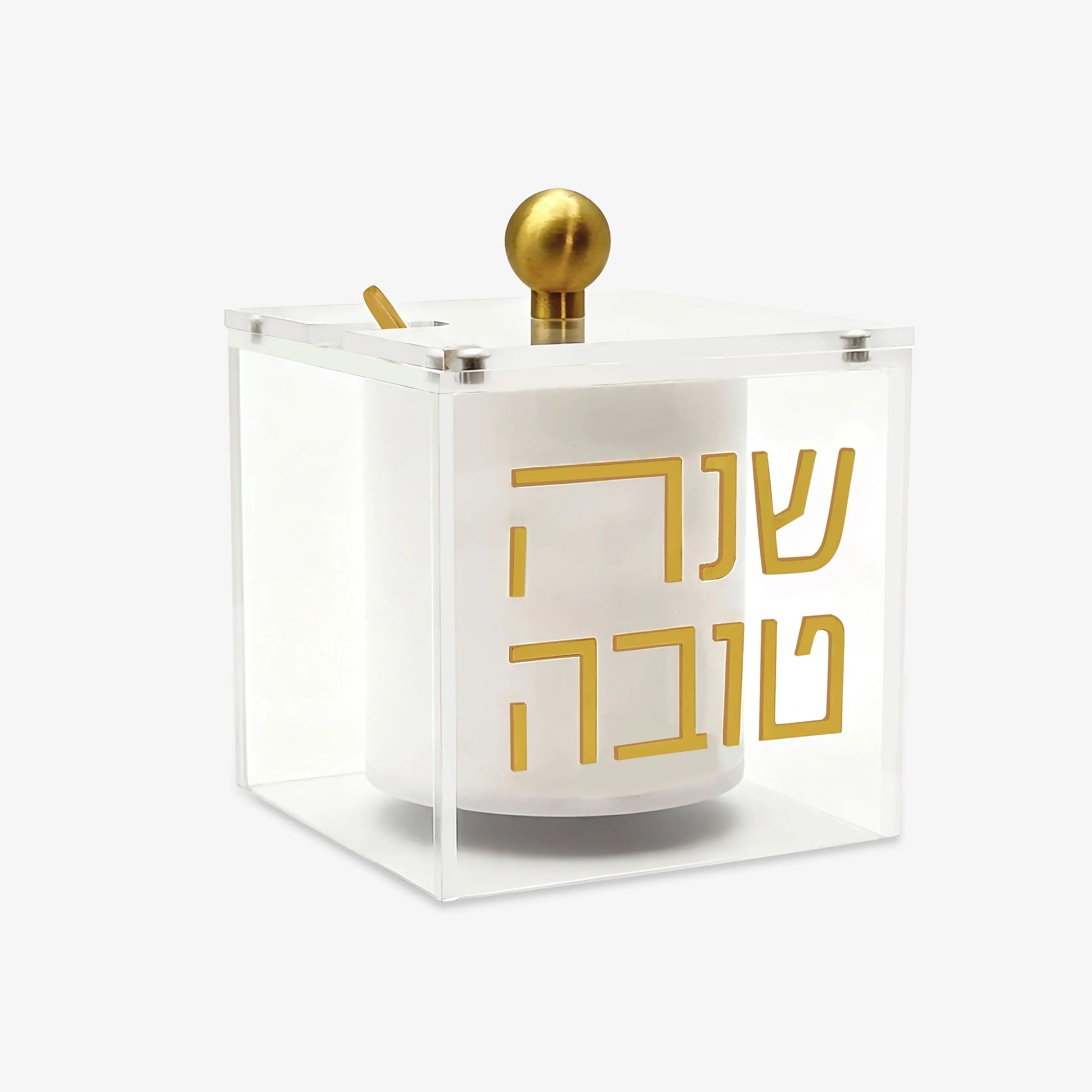 Luxury Judaica Acrylic Honey Dish Honey Box For Rosh Hashanah Gift Lucite Honey Jar Box with Spoon