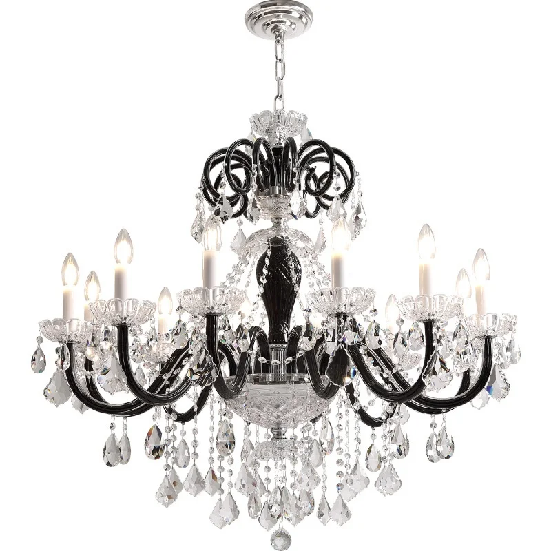 Luxury French Black Lustre Chandelier Living Room Glass Candle E14 Pendant Light Home Decor Crystal Led Luminarias Indoor Light
