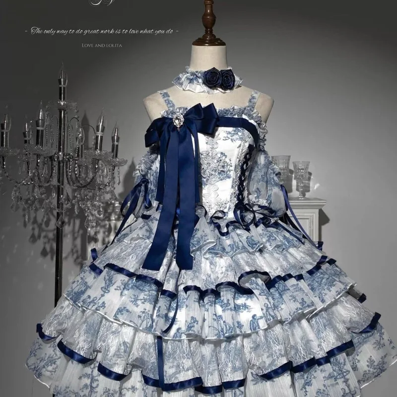

2026 New Coalfell Original Design Lolita Spring and Summer Rain Falling Celadon Printed Fishbone Slim Short Lolita Cake Dresses
