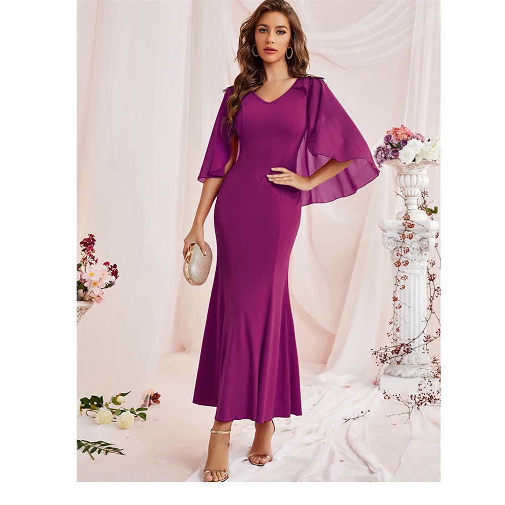 Elegant Purple Plus Size Party Dresses Women V Neck Mesh Cloak Sleeve Solid Color Bodycon Evening Prom Dress Ladies Long Gown