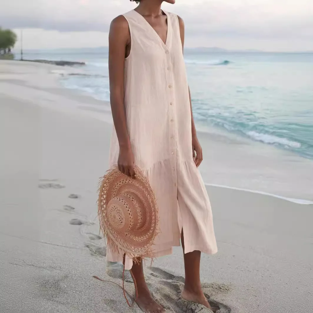 Abito lungo da donna in lino di cotone estivo con scollo a V tasca allentata femminile alla moda moda casual abiti da spiaggia per le vacanze abiti longuette