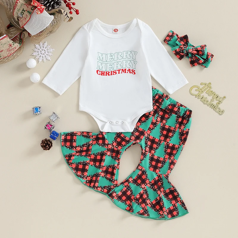 Infant Newborn Baby Girls Christmas Outfits Letter Print Long Sleeves Romper Flared Pants Headband Fall Clothes