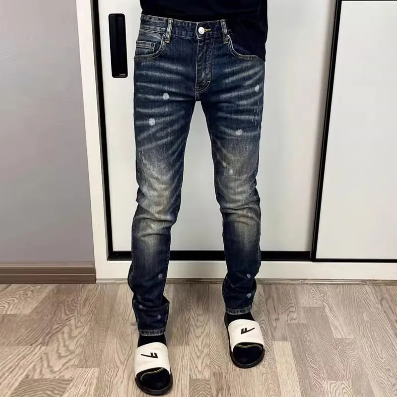 Men Dark‑Blue Vintage Faded Washed Paint Spot Decor Elastic Skinny Denim Jeans Urban Street Style Daily Wear Denim JeansY2K