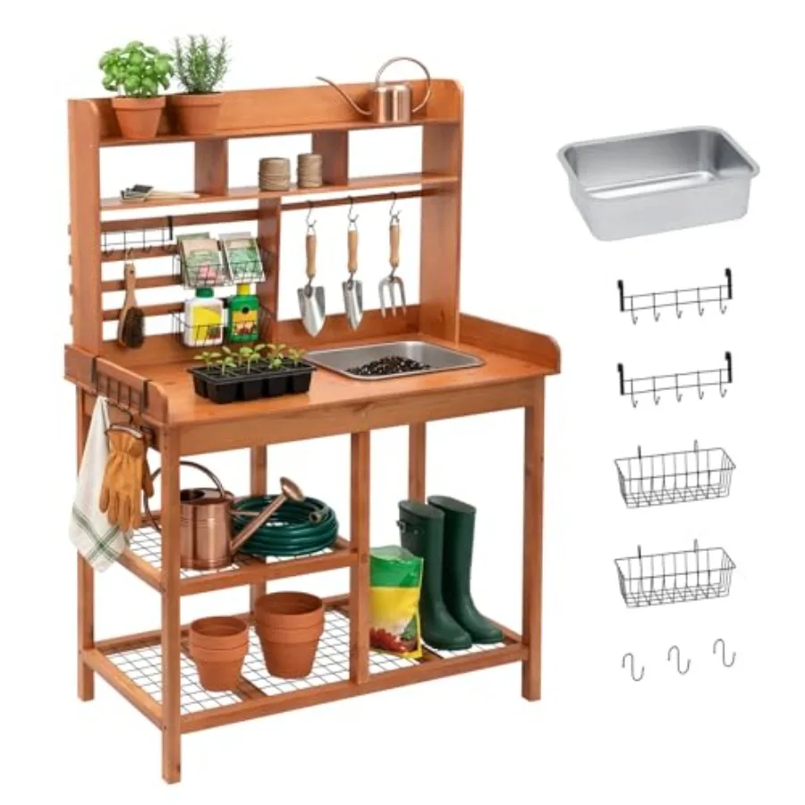 Potting Bench for Outdoor Patio Use, Made of Nordic Scots Pine Wood, Natural Color, Features Removable Sink and Functional Work