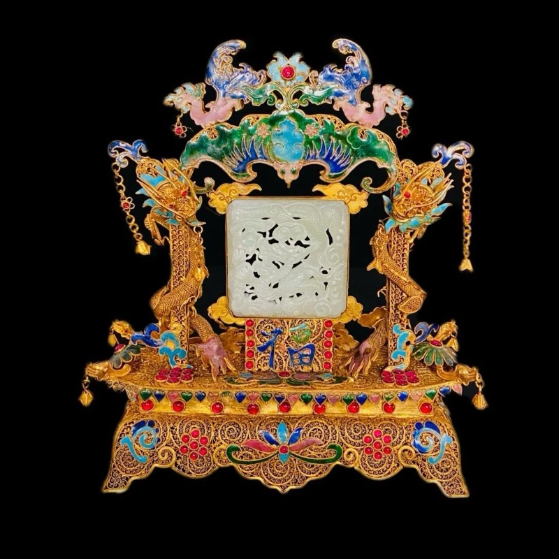 

Filigree inlaid cloisonne embellished double dragon screen antique collection ornament