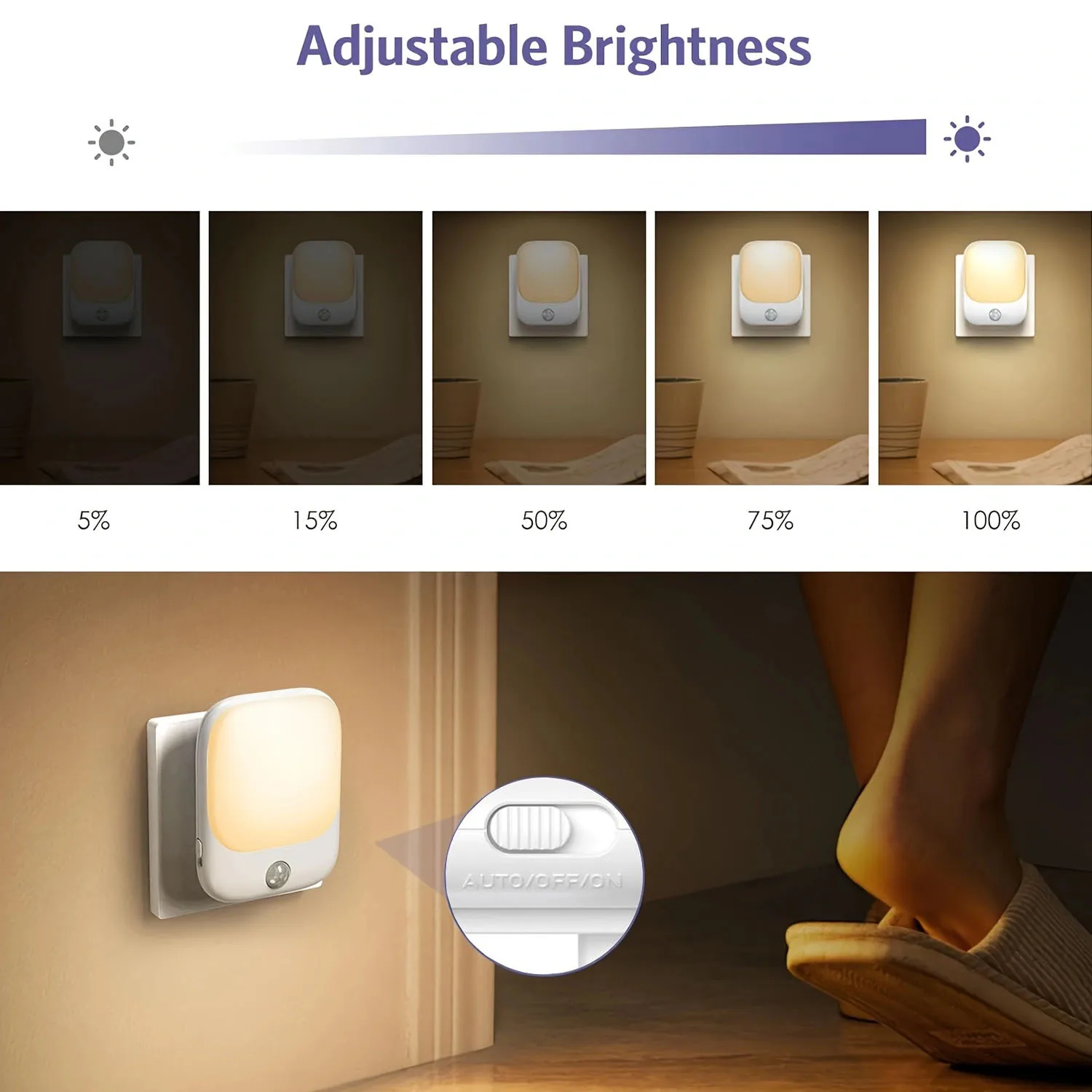 2pcs Night Light Socket with Motion Sensor, Night Light 3-Level Brightness Adjustment (On/Auto/Off), 2700K Warm White Night
