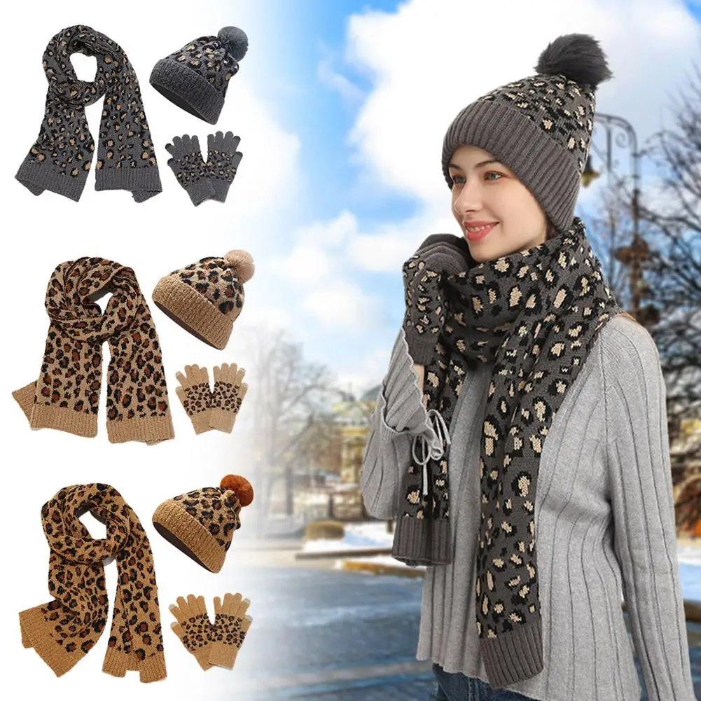 Autumn Winter Cold Resistant Knitted Hat Set For Women Leopard Print Outdoor Warm Woolen Hat Scarf Gloves Three Piece Set D6U2