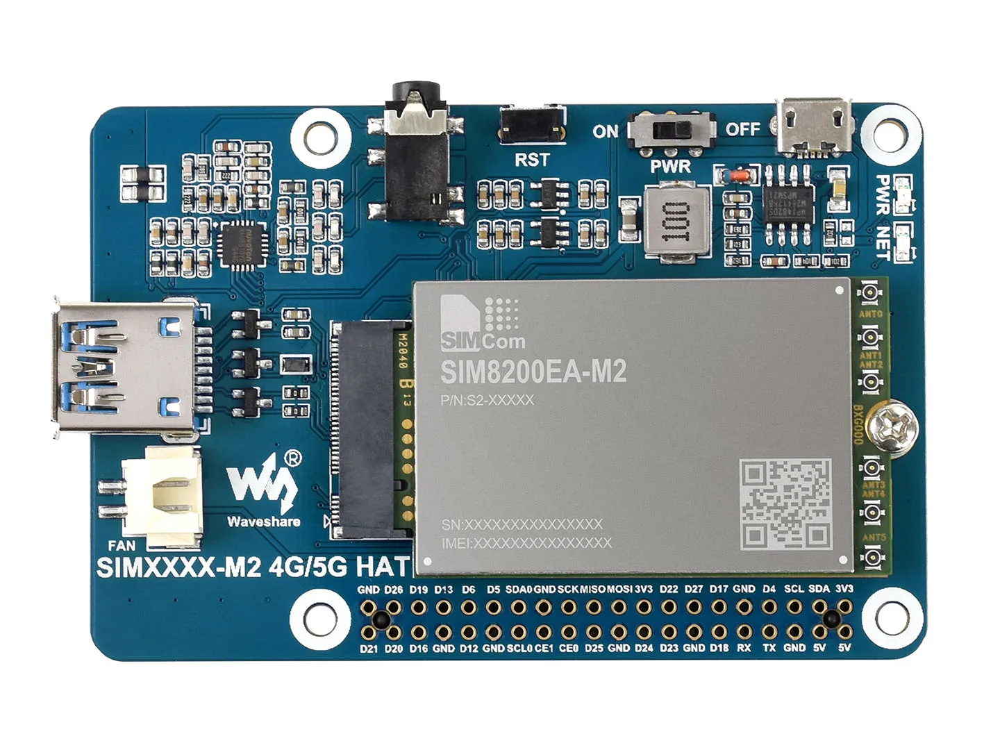 Moduł 5G HAT dla Raspberry Pi z SIM8200EA-M2, prędkość pobierania 2,4 Gbps, GNSS, głos i SMS, pasma globalne (z wyłączeniem...). Ameryka)