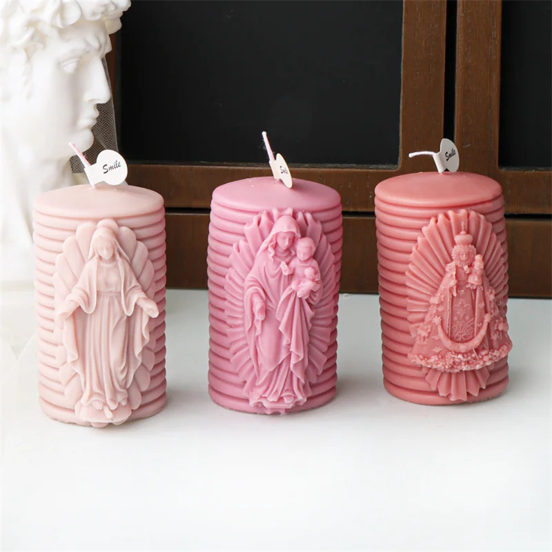 New Design 3D Virgin Mary Silicone Candle Mold DIY Cylindrical Jesus Statue Scented Candle Gypsum Mold Religious Home Decoration