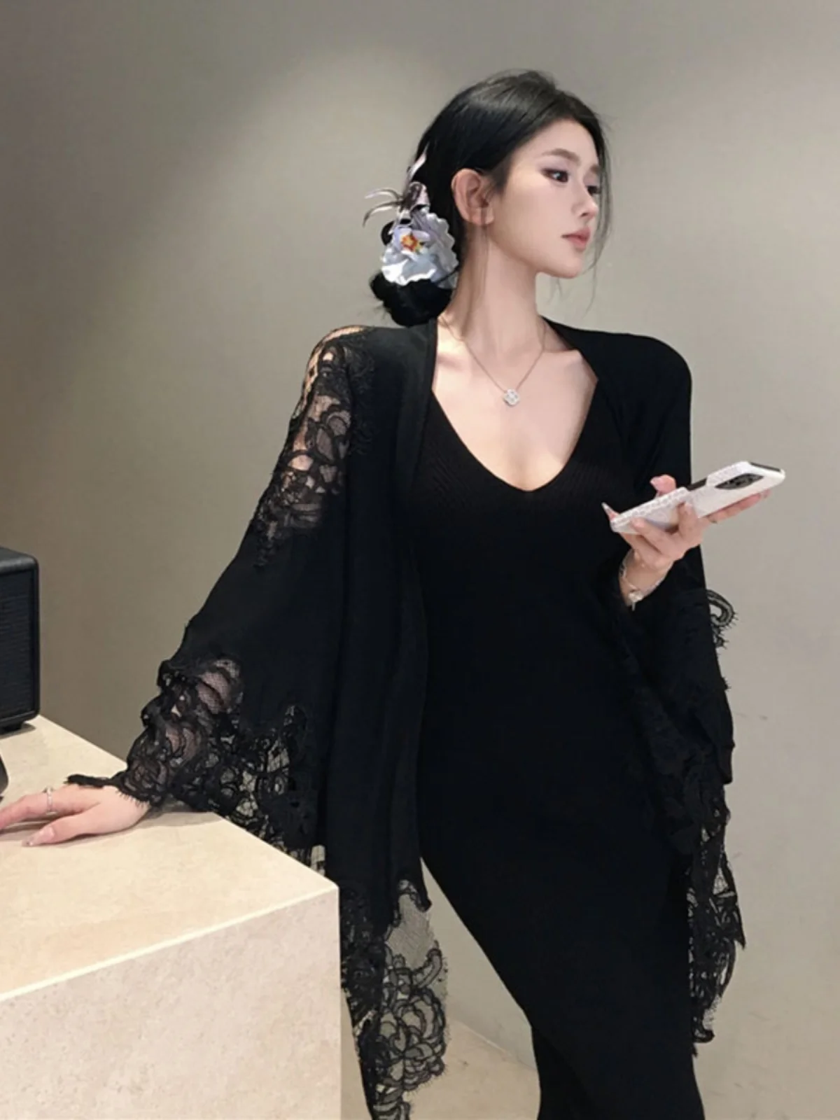 

Spring Korean Style Lace Cape Knitted Dress Set High-End Sensation Ladylike Two-Piece Suit Comfortable Long Sleeve V-Neck Dress