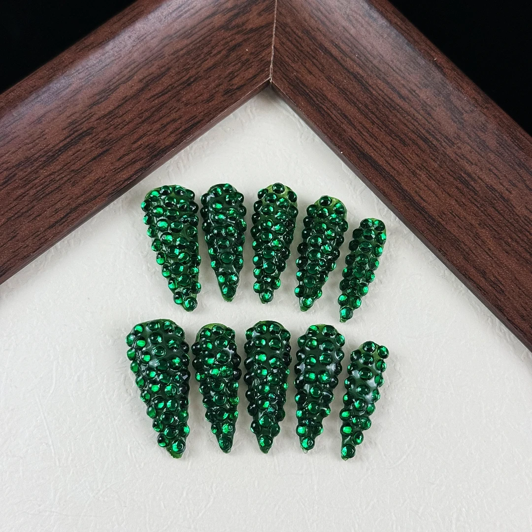 10pcs High-end Court retro style, hand-painted three-dimensional green rhinestones, dazzling with abundant rhinestones handmade