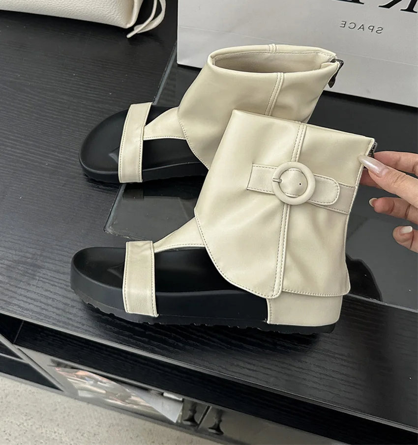 Sandalias de cuero PU para mujer, estilo gladiador romano, botines de tacón alto, zapatos planos casuales con tacón cubano, botines góticos punk