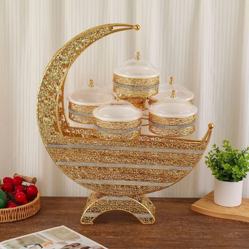 European Luxury Storage Box Golden Pattern Fruit Box Moon-shaped Lidded Dried Fruit Boxes Home Decorative Storage Accessories