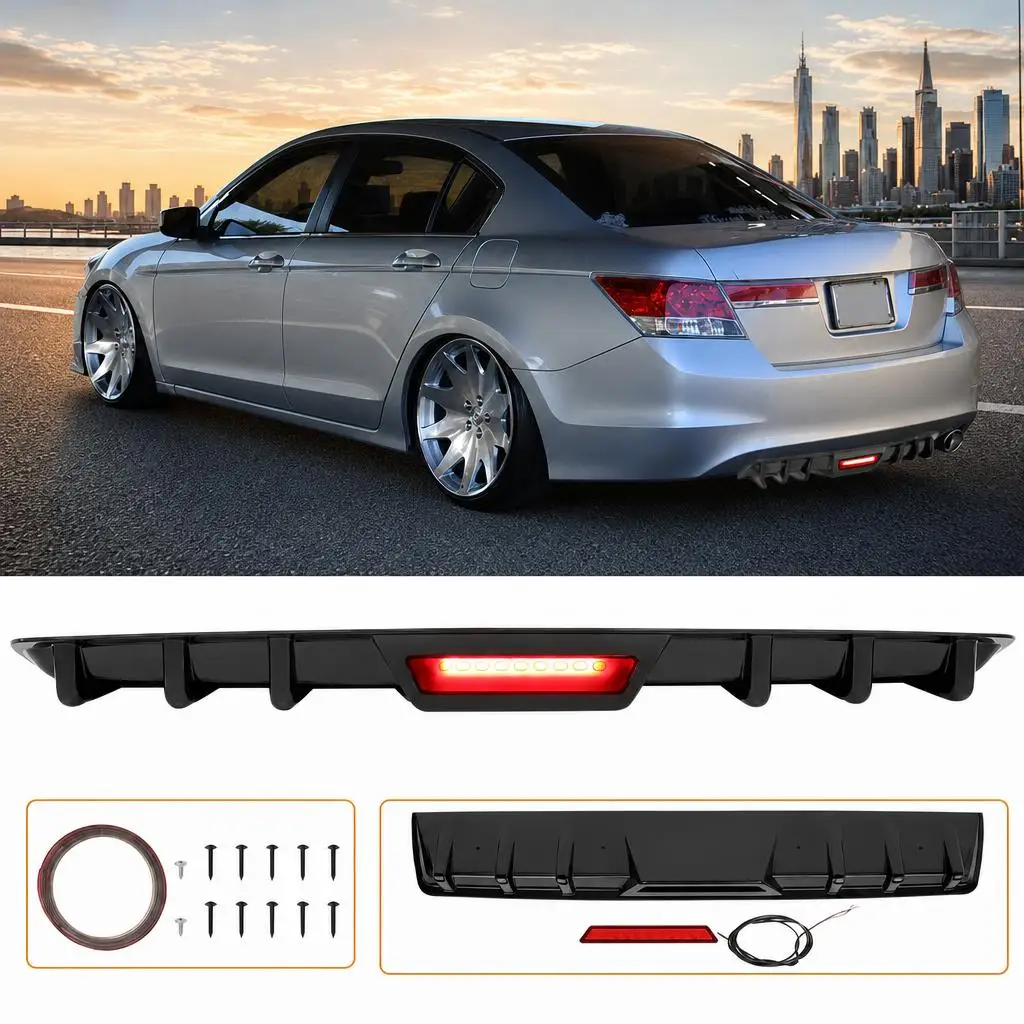 Rear Bumper Diffuser Spoiler Lip w/LED Brake Light For Honda Accord Sedan Sport Glossy Black