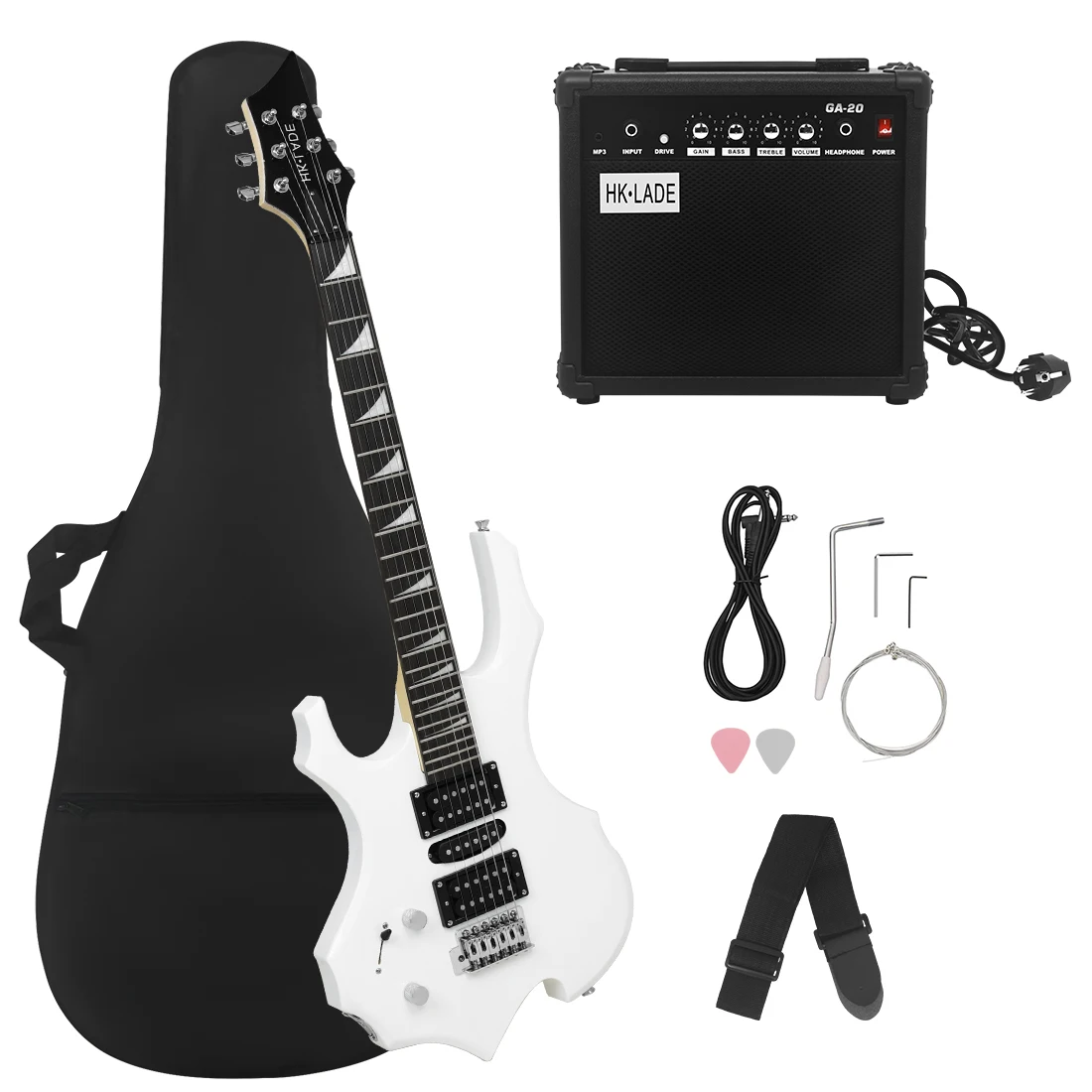 HK·LADE White Flame Electric Guitar 24 Frets Maple Body Electric Guitar Set 6 Strings Guitar with Bag Strap Strings Amp Picks