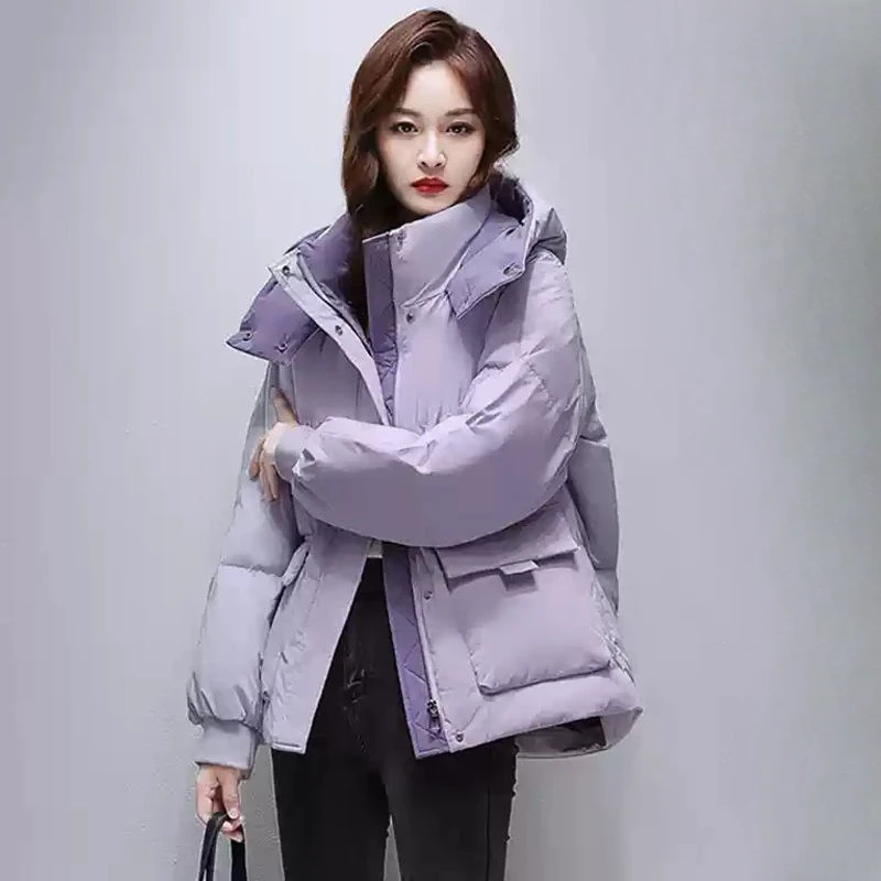 

Women's Down Jacket Winter New Outerwears Color Clash Simple Casual Trendy Puffer Coats Thick Warm Hooded Short Down Coats