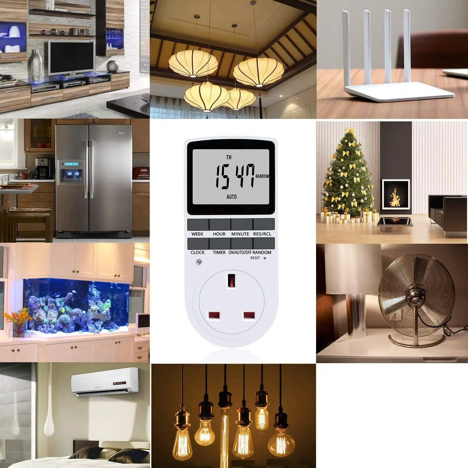 Tomada de temporizador digital plug-in com grande display LCD, plug elétrico programável, temporizador para luz, B e mais