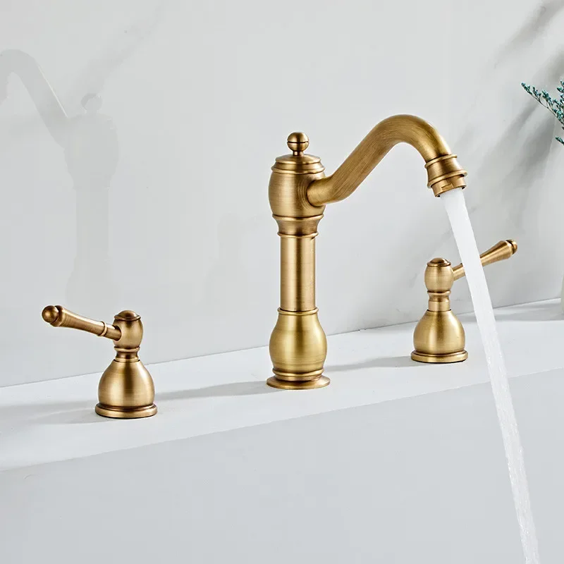 

Basin Faucet Brass Antique Bronze Bathroom Black Sink 3 Hole Double Handle Hot & Cold Wash Water Tap