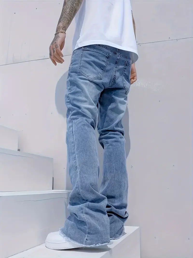 Men's Streetwear Slim Flared Jeans, Y2K Minimalist Washed Denim, Versatile Casual Pants for All Seasons.