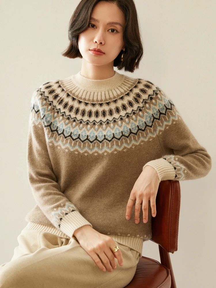 Women’s Cashmere Pullover Mock Neck Thick Fair Isle Sweater 100% Cashmere Knitwear Autumn Winter Raglan Sleeve Vintage Knit Tops