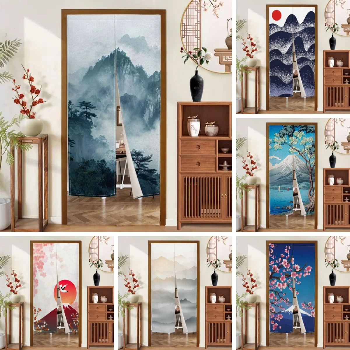 VIKAMA Japanese Noren Door Curtain Fuji Sakura Mountain Print Half Curtain Room Divider Kitchen Bedroom Restaurant Home Decor