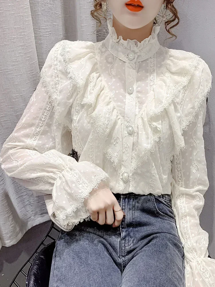 

Fashion Ruffle Stitching Elegant Lace Blouse Long Sleeve Loose Chiffon Shirts Korean Style Stand Collar Pleated Top Blusas 15832