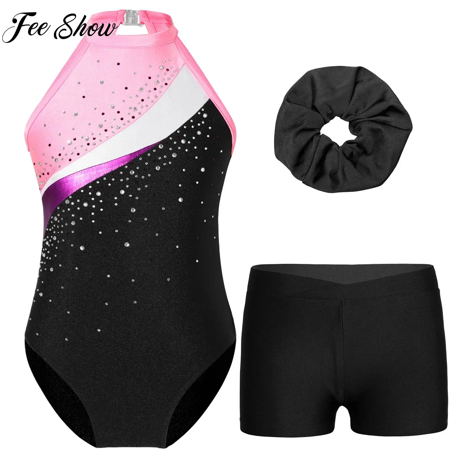 Kinderen Meisjes Ballet Dans Maillots Mouwloze Glanzende Strass Body met Haarband Shorts Gymnastiek Prestaties Danskleding