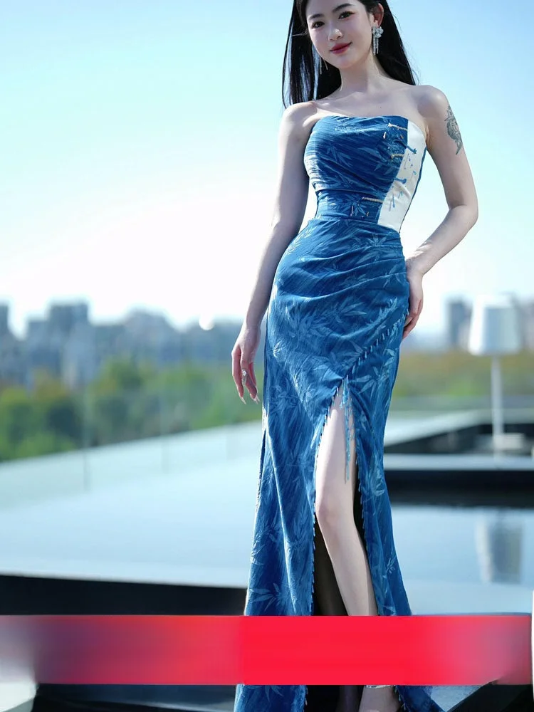 

Blue Luxury mat Chinese Sle Engagement Wedding Dr Long Gown Svel Vintage Retro Sle Evening Gown