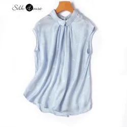 2024 Women's Fashion Summer New 100% Natural Mulberry Silk Full Hole Luo Design Feeling Small Flip Collar Aqua Blue Vest