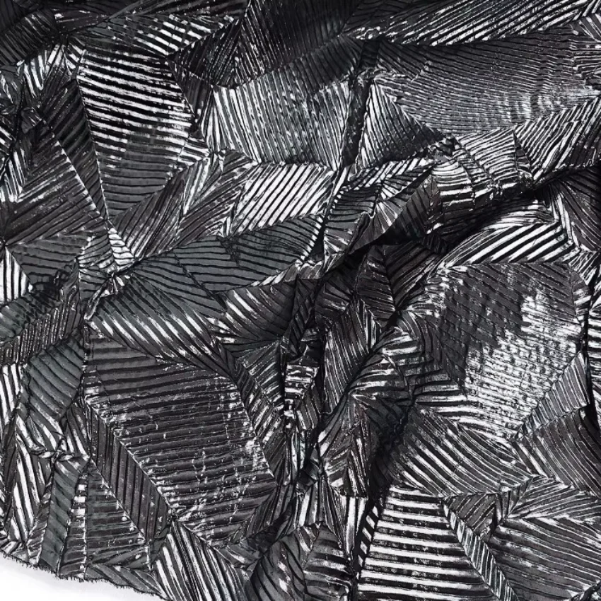 

Silver Black Pleated Fabric Metallic Foil Tech-Inspired Irregular Texture Creative Designer Material Dresses Stage Costumes