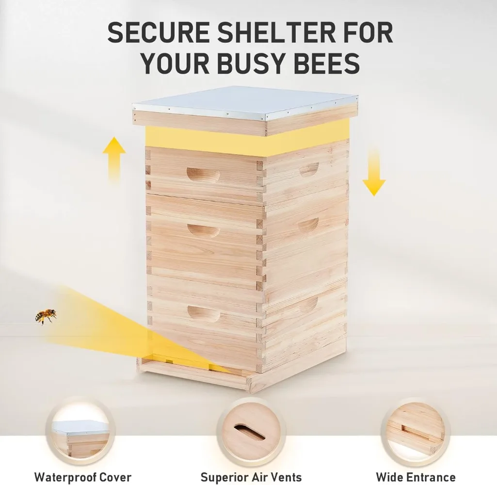 Bee Hive Boxes Starter Kit, Langstroth Beehive for Bee Keeping, 3 Layer Bee House with 10 Medium and 20 Deep Frames