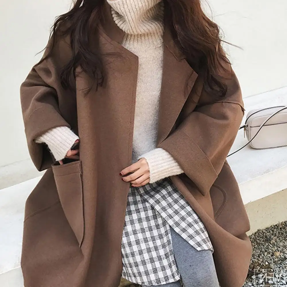 Women Winter Woolen Coat Thicken Elegant Turn-down Collar Pockets Notch Collar Women Coat Women Coat Autumn Spring Overcoat