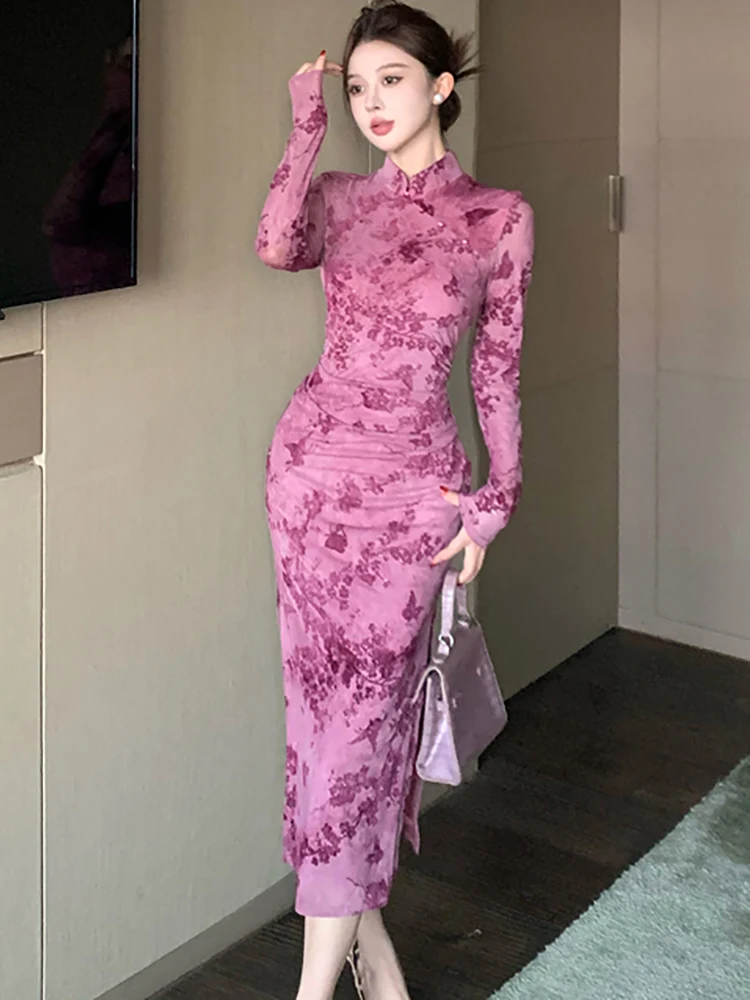 

Autumn Winter Purple Print Long Sleeve Stand Collar Long Dress Women Vintage Bodycon Cheongsam Dress 2025 Korean Elegant Dresses